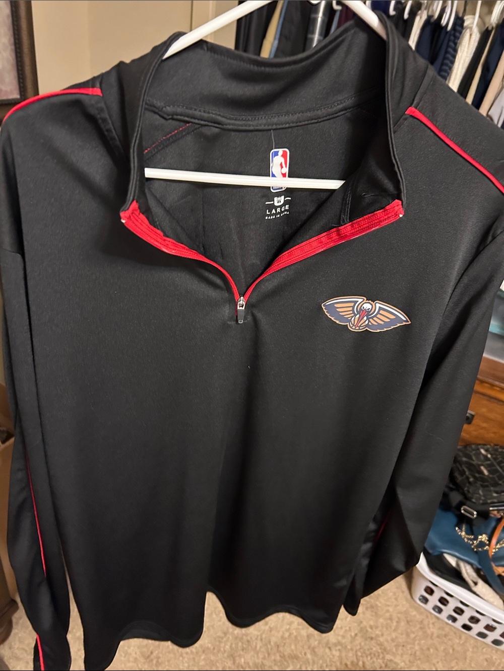 NBA Black Quarter-Zip Pullover with Red Trim & Pelicans Logo